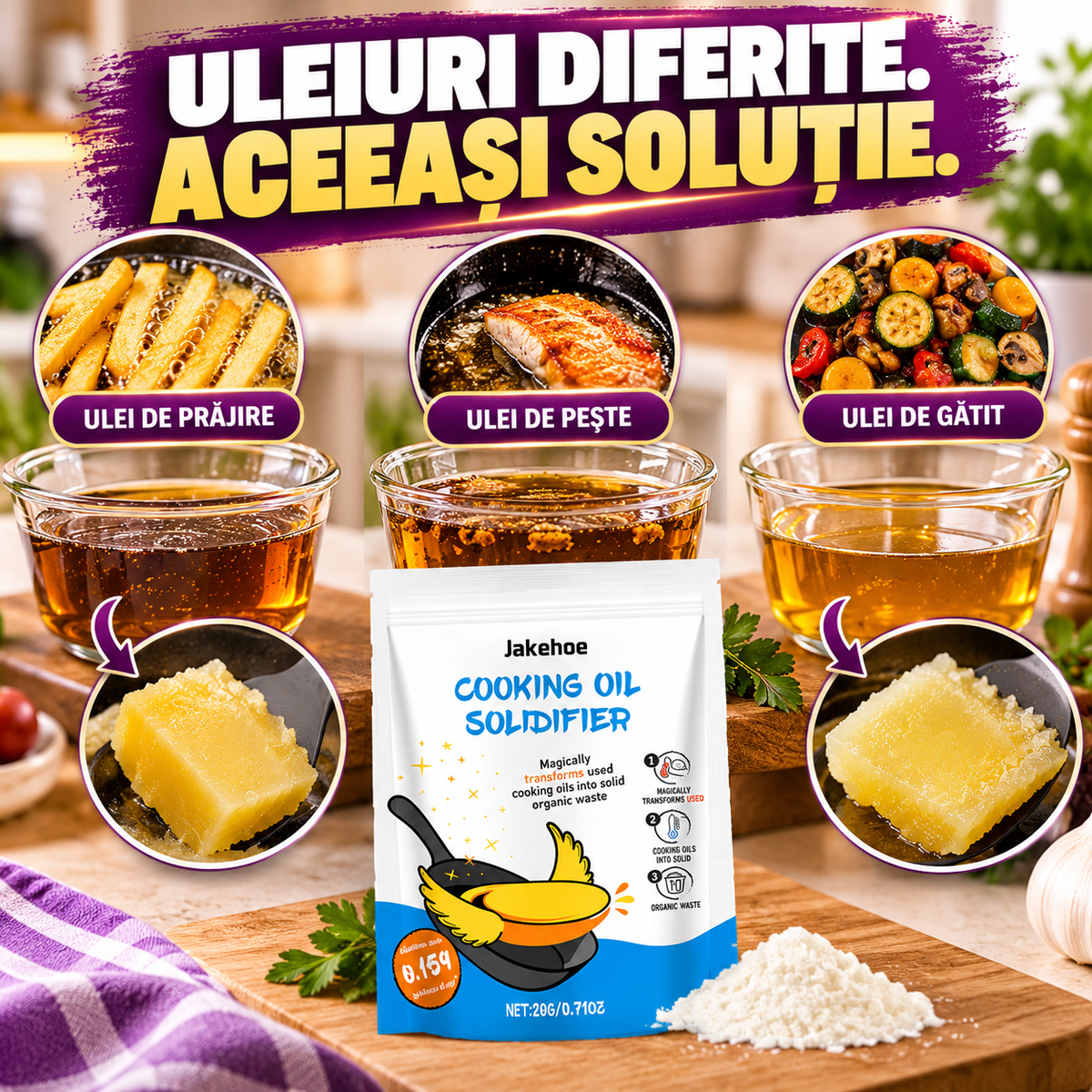 Pudră pentru Solidificarea Uleiului Alimentar Uzat | Set 5 Bucăți